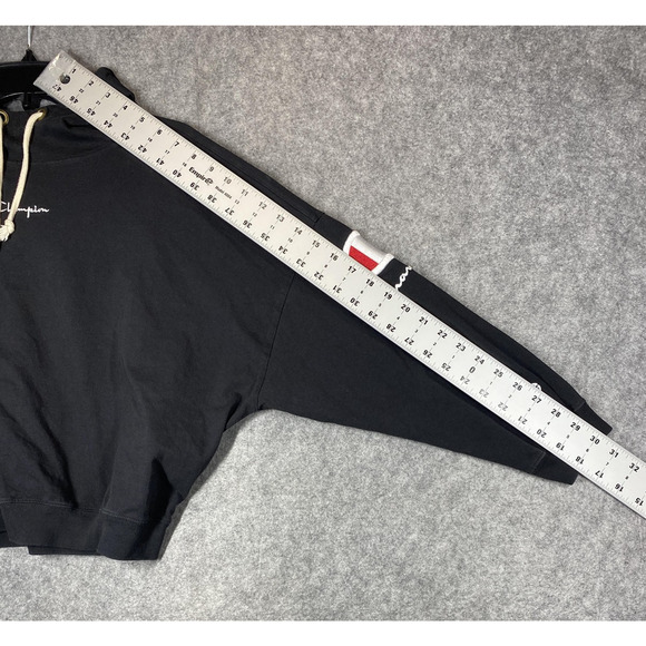 Champion Hoodie Womens Small Black Cropped Big Logo Sleeve Embroidered Oversized - Picture 5 of 14